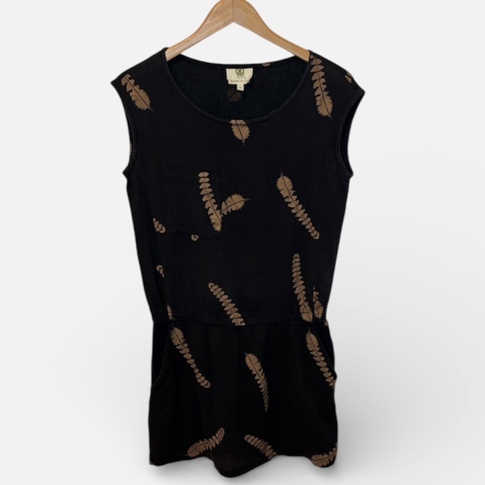 Koch Black Tan Feather Pattern Sleeveless Elastic Waist Romper Mini Dress S